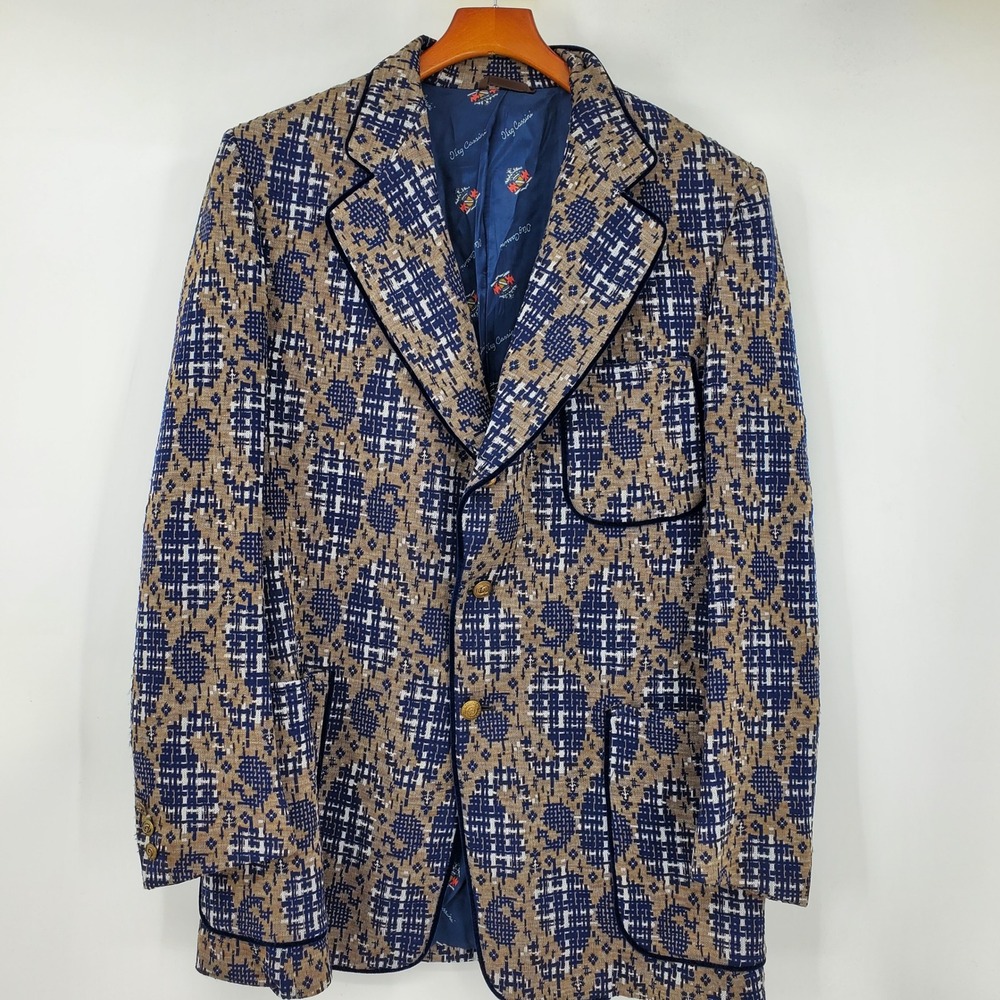 Vintage Oleg Cassini Mens Geometric Tweed Blazer Sport Coat Gold Buttons 70s mod